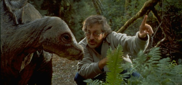 Spielberg directing a dinosaur on the set of Jurassic Park: The Lost World